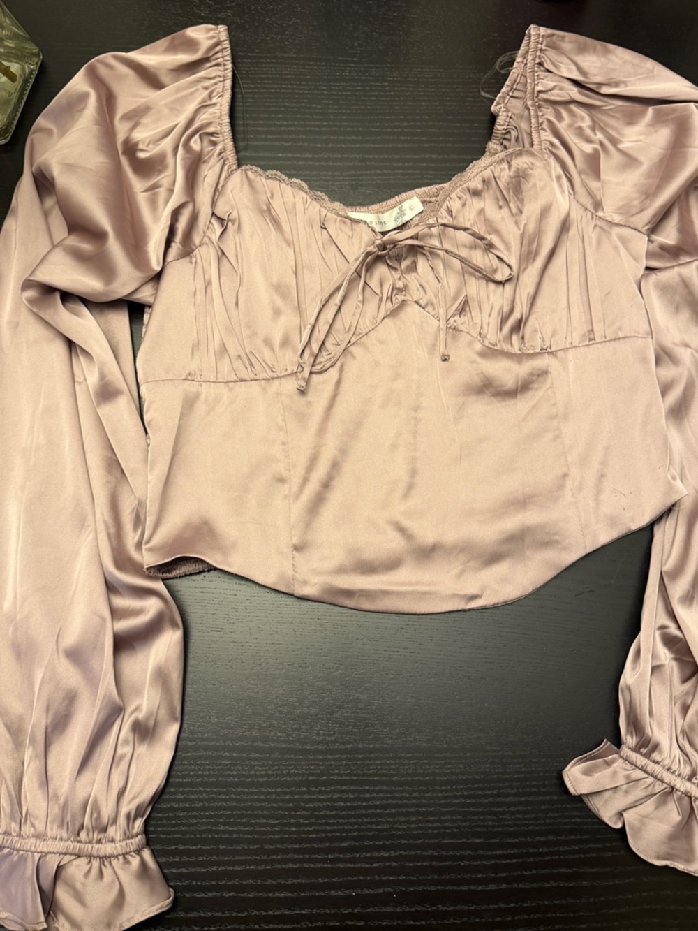 Altar'd State Satin Puff-Sleeve Tie-Front Top in Mauve